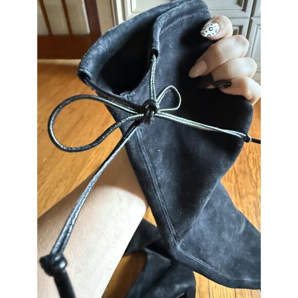 Stuart Weitzman Boots Womens Size 8.5 Black Suede Over The Knee Tie Back Heel - Picture 5 of 9